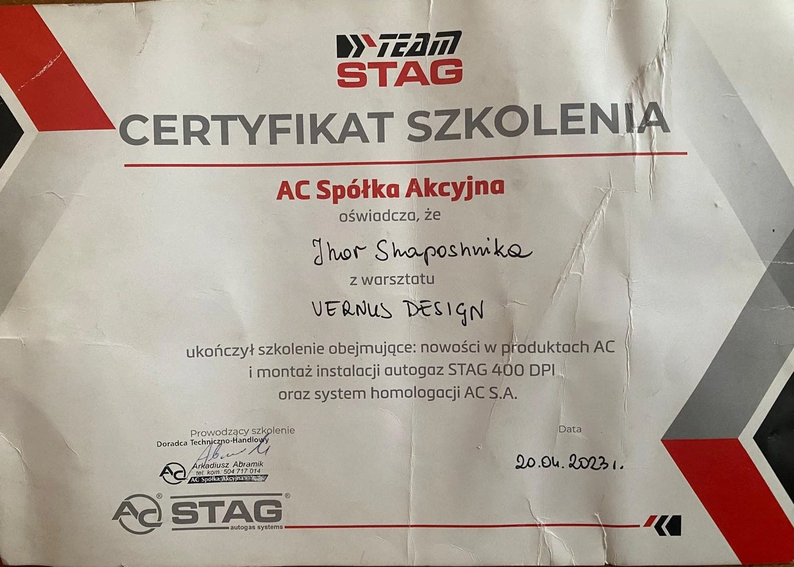 certyfikat szkolenia montaż instalacji LPG STAG serwis samochodowy Poznań Morozovych Ihor