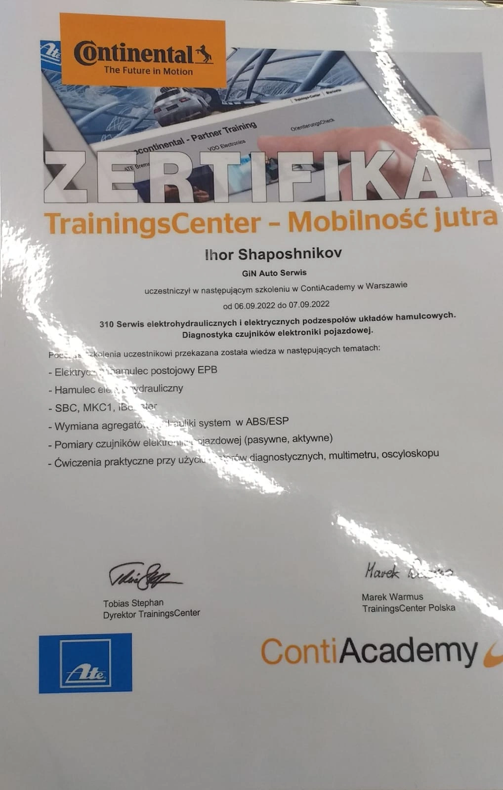 certyfikat szkolenia ContiAcademy diagnostyka układów hamulcowych i elektroniki pojazdu